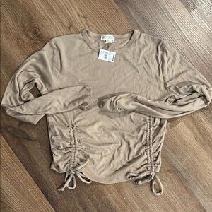 Tan Ruched Tie Front Blouse with Long Sleeves